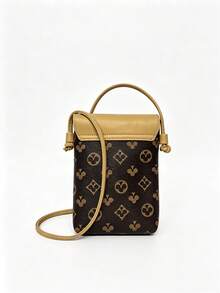 Vintage Geometric Heart Pattern Women's Mini Crossbody Phone Bag, Retro Colorblock Print Vertical Phone Bag With Top Handle - Coffee Brown - View 4