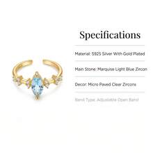 1pc 925 Sterling Silver Women's Aquamarine Ring, Adjustable Size,Elegant Designed Earrings, Suitable For Daily Wear, Holidays,Anniversaries And Gifts - Gold - View 8