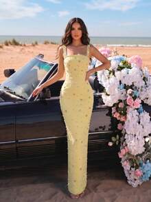 Nuevo vestido maxi de dama de honor sexy con tirantes de espagueti, cuello cuadrado, espalda descubierta, diseño floral con strass de alta gama, unicolor y ajuste ceñido - Amarillo claro - Ver 2