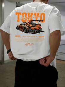 Men's Short Sleeve T Shirt,Printed With Heat-Transfer Racing Car Patterns And English Graphics,Fashionable Casual Round-Neck Top,Spring And Summer Out - 黑色 - 查看 7