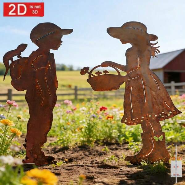 [2D Flat] 2pcs Creative Rusted Acrylic Garden Decor For Men & Women, Rustic Style Yard Decoration, Garden Stake, Farm Theme Decor, Acrylic Home & Garden Art, Warm & Romantic, Perfect Gift For Friends & Family
