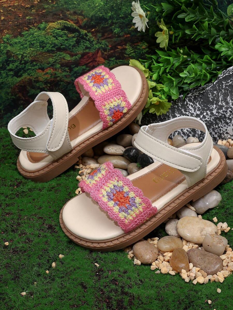 1 Pair 2026 Girls' Colorful Patchwork Crochet Wide Hook And Loop Square Toe Thick Sole Sandals, Suitable For Summer Vacation And Daily Wear