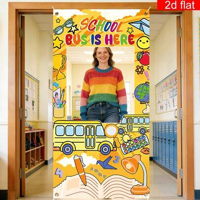 2d Plane Banner, 1 Piece, Welcome Back To The School Photo Door Banner Photography Background, Polyester, School Bus Here Theme Photo Frame Send A Banner, School Bus Pattern Is Suitable For Indoor And Outdoor.