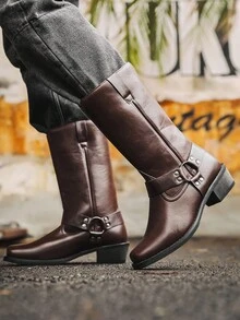 Striped Western Style Microfiber Leather Texture Western Boots Men's Riding Boots Outdoor All Season - Brown - View 4