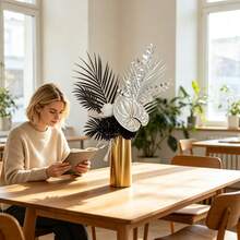 Modern Minimalist Artificial Flower Arrangement, Black Palm Silver Leaf Fake Anthurium White Rose Hydrangea Simulation Florals(Vase Not Included) - Black - View 5