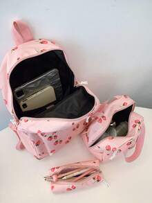 1 Set Cute Strawberry Pattern Backpack Set, Large Capacity Polyester School Day Bag, With Lunch Bag And Pencil Case, Multi-Pocket Casual Backpack, Lightweight Bookbag, Suitable For Students/Graduates/Young People, Suitable For Back To School/Daily/Shopping/Short Trips And Outdoor Leisure Activities - 2264 - View 4