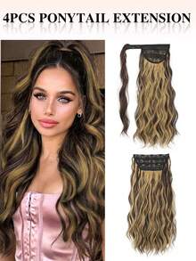 nimoki 4pcs/Set Half-Up Half-Down Ponytail Hair Extensions, 20 Inch Long Wavy Clip-In Hair Pieces, Wrap-Around Ponytail, Heat-Resistant Synthetic Fiber, Suitable For Women And Girls, Party And Daily Use - Multicolor - View 11
