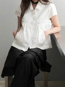女款純色百褶休閒百搭日常出遊襯衫 夏季 - 白色 - 查看 5
