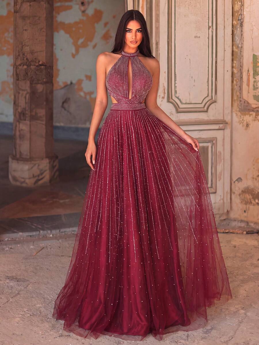 Faeriesty Haute Glamour Luxurious Rhinestone Decorated Halter Backless Formal Ball Gown & Evening Dress Wedding Party Vacation Fall