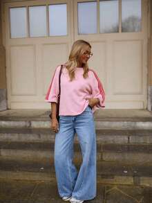 Pull femme à manches 3/4 rayé bicolore, col rond, coupe ample, effet duveteux, style streetwear sportif pour le quotidien, rose, 2026 - Rose bonbon - Voir 9