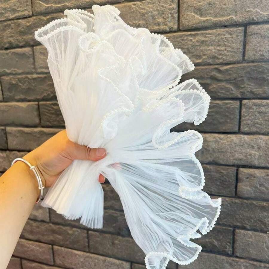 1pc 28cm*4m Beige Pleated Gauze Floral Wrapping Paper, Pearl Wave Mesh, Luxury Pearl Decor, Suitable For Wedding, Dessert Table, Chair Back Decoration, Cake Trim Gauze, Gift Box Wrapping, Party, Photo Backdrop, Table Runner Decor, Wedding Decoration, Wedding, Gift Bag, Wrapping Paper, Gift Box, Ribbon, Gender Reveal Decor, Engagement Party, Christmas Wrapping Paper, Bride