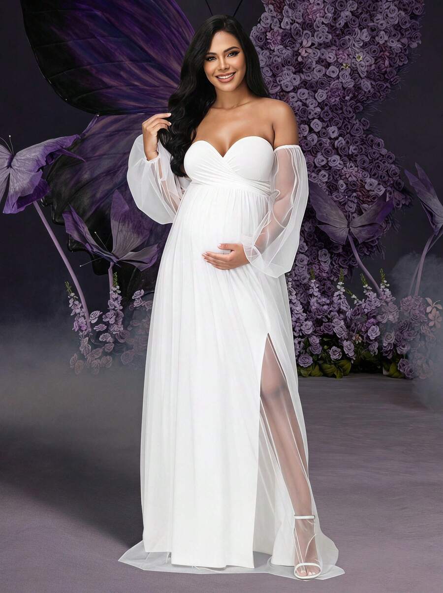 Irresista 孕婦雪紡燈籠袖白色側開衩長洋裝,性感優雅,適合寶寶迎新派對、拍照拍攝,春季穿搭 - 白色 - 查看 1