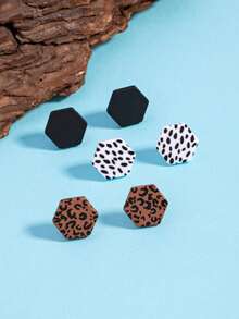 1 Set Maillard Leopard Print Geometric Stud Earrings Set, Personalized Sweet Cool Style Earring Jewelry Set, Suitable For Daily Wear - Multicolor - View 5