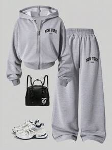 Set Kasual Hoodie dan Celana Motif Huruf untuk Remaja Perempuan - Grey - View 1