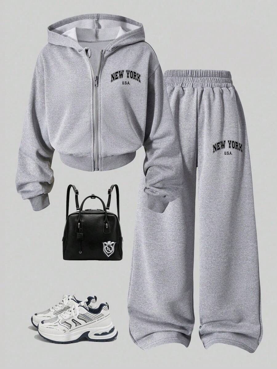 Set Kasual Hoodie dan Celana Motif Huruf untuk Remaja Perempuan - Grey - View 1