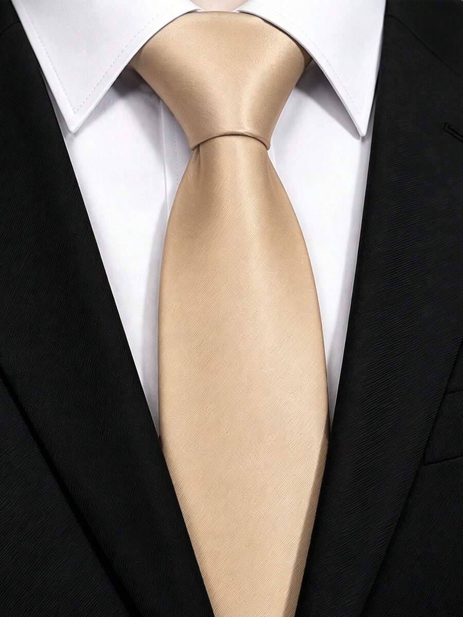1件純色緞面男士領帶,商務婚禮純色男士領帶 (7cm) - 卡其色 - 查看 1