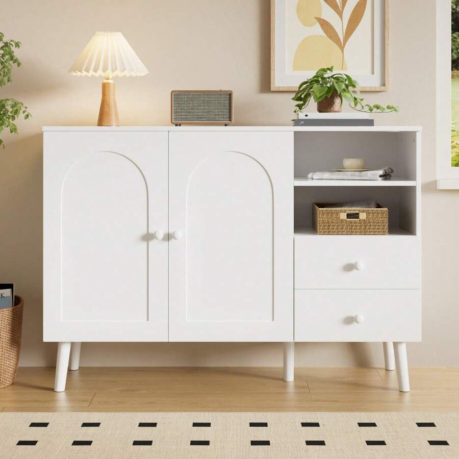 Minimalist-Style Locker/ Storage Cabinet With 2 Drawers And 2 Open Compartments/ Wooden Handles And Feet / Versatile Storage Options / Suitable For Living Room, Dining Room And Hallway - 白色 - 查看 1