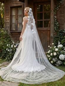 1pc 3D Floral Faux Pearl Long Trailing Lace Bridal Veil, Single Layer Short With Hair Comb, Waltz Length, Suitable For Cathedral Wedding, Wedding Photography, Civil Registration Headpiece - White -i - View 7