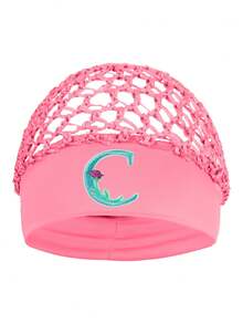Floral Embroidered Letter Mesh Cap For Women - Personalized Initial Alphabet Elastic Wide Band Hair Bonnet, Crochet Hollow Out Night Sleep Hat - Pink - View 16
