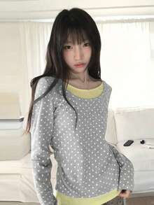 Kaos Lengan Panjang Polkadot 2-in-1 Wanita, Atasan Dalaman Slim Fit Berhiaskan Rhinestone untuk Awal Musim Semi, Desain Menawan, Gaya Seksi - Grey - View 3