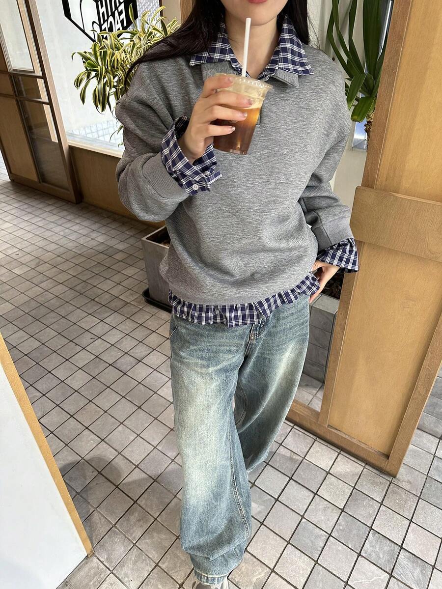Women's 2 In 1 Plaid Patchwork Long Sleeve Sweatshirt, Loose Casual Collared Top - Grey - View 1