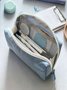1 buah Kotak Pensil Berbentuk Bantal, INS Warna Solid, Kotak Pensil Hitam dan Biru, Tas Alat Tulis Berlapis-lapis, Tas Penyimpanan Alat Tulis, Hari Pertama Sekolah - MultiWarna - View 5