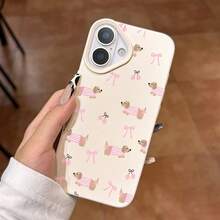 Cute Pink Striped Dachshund Cherry Bow Full Print Phone Case Compatible With Apple 17/17Pro/17ProMax, 16/16Pro/16ProMax/16Plus, 15/15Pro/15ProMax/15Plus, 14/14Pro/14ProMax/14Plus, 13/13Pro/13ProMax, 12/12Pro/12ProMax, 11/11Pro/11ProMax, S22/S23/S24 Ultra, Cream White Lychee Texture Shockproof Soft Shell - Multicolor - View 5