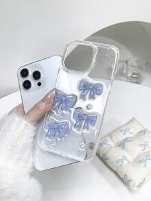 亮面冰藍蝴蝶結珍珠設計透明環氧樹脂手機殼，適用於 iPhone 17/17Air/17Pro/17ProMax/16/15/14/13/12/11/X/XS/XR/Mini/Pro Max/Pro/Plus，TPU 軟殼 - 藍色 - 查看 4