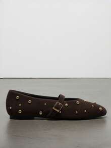 2026 New Women's Gold Rivet Buckle Mary Jane Flat Shoes, Plus Size Vintage Daily Commute Women's Shoes - Brown - View 3