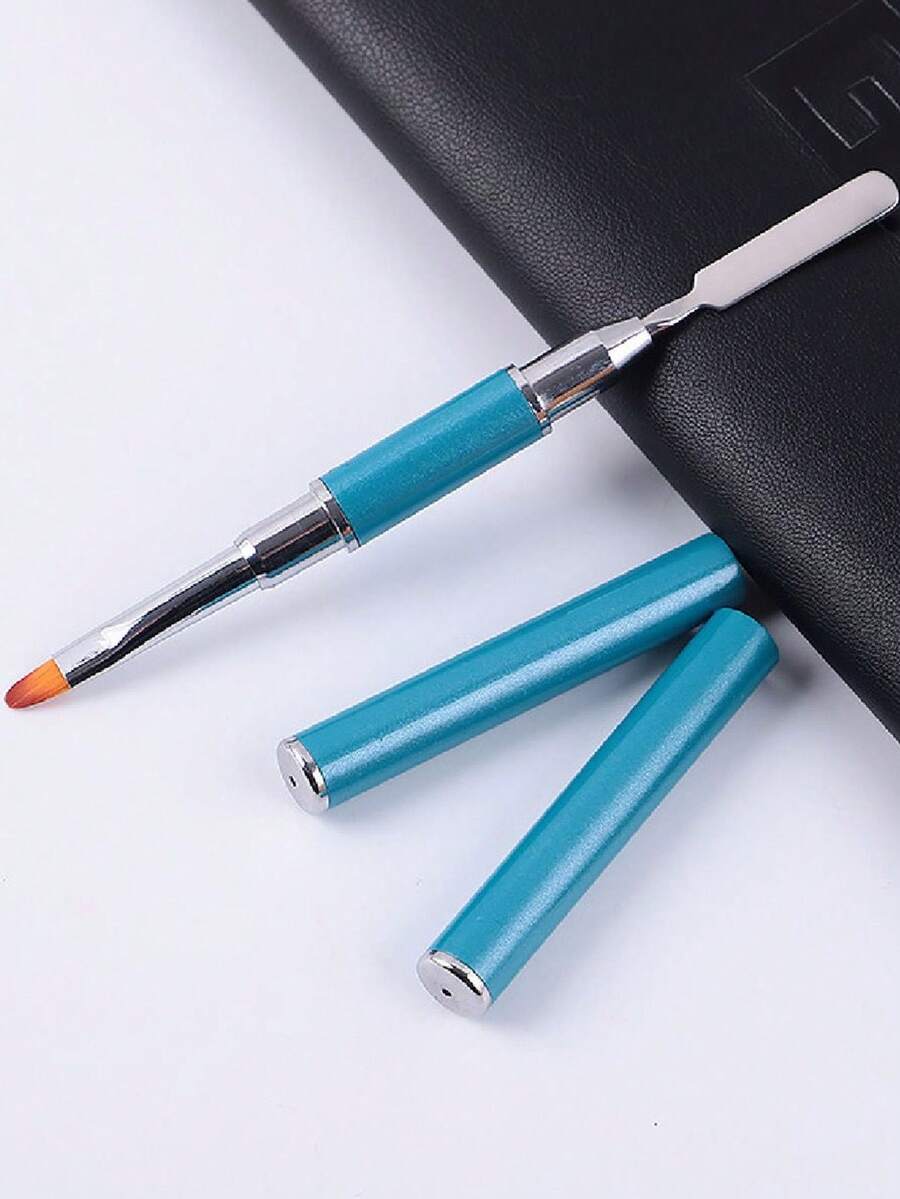 2-In-1 Multifunctional Nail Art Pen Dual-Head UV Gel Brush With Scraper, Portable Gold Metal Handle Nail Art Tool For Home And Salon - Blue - View 1