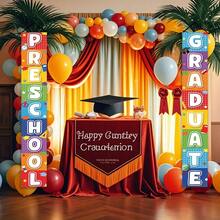 2pcs Preschool Graduation Banner, Rainbow Gradient Color With Graduation Cap, Book, Globe Pattern, Preschool Graduation Decoration, Graduation Ceremony Decoration, Classroom Door Hanging Decoration - A - View 7