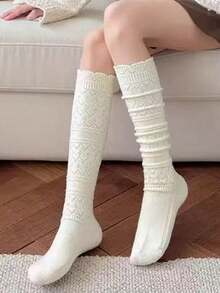 1 Pair Women's White Hollow Knit Mid-Calf Socks, Wool Blend Layered Warm Socks, Sweet Japanese Style, Suitable For Autumn/Winter And Daily Wear - White - View 3