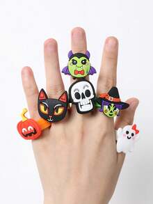 12pcs Cartoon Halloween Rings Set, Includes Rubber Material Cute Ghost, Skeleton, Pumpkin, Witch And Black Cat Designs, Suitable For Halloween Party Decoration, Holiday Display And Party Supplies, Can Be Used As Decoration To Create Fun Random Style - Multicolor - View 5