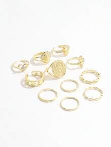 11 piezas Anillos de cruz religiosa vintage, diseño de nicho con corazón de strass, set de múltiples piezas de anillos apilables, joyería de mano versátil de estilo hip-hop para mujer - Dorado - Ver 5