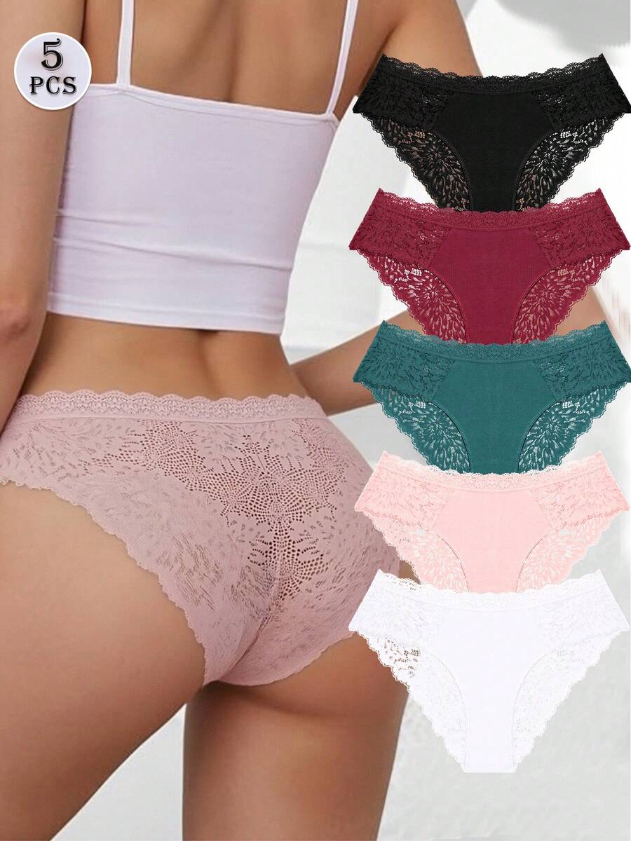 5pcs Elegant Solid Color Panty Comfy Style Lace Trim Briefs For Women - Multicolor - View 1