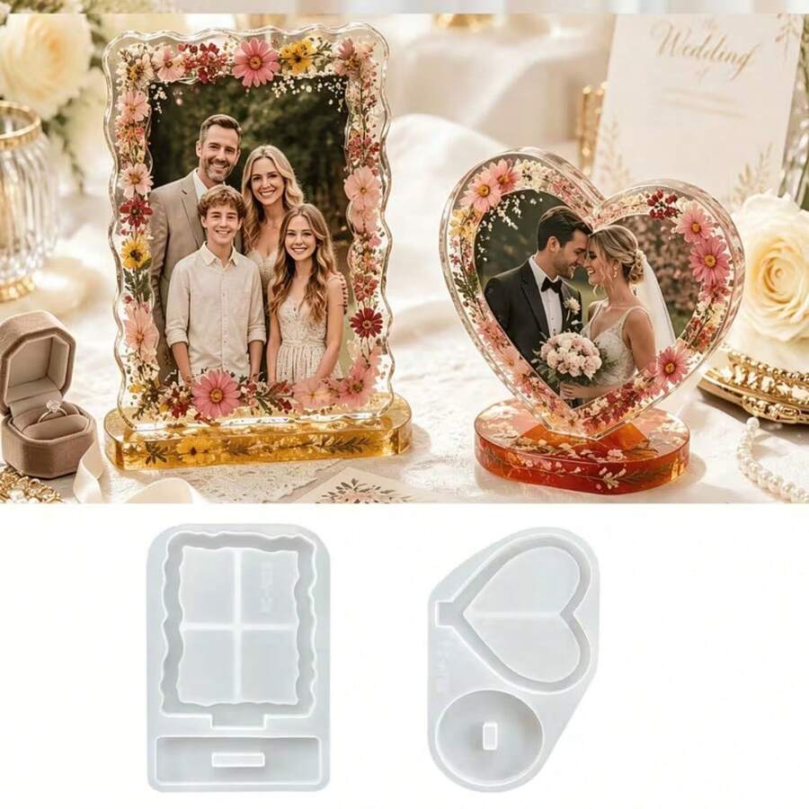 2pcs Heart & Square Photo Frame Silicone Mold, Oval Wave Epoxy Resin Casting Mold, Handmade Craft Mold, Suitable For Photo Cards, Desktop Decor, Peripheral Decoration, Flexible Reusable Silicone Mold, Used For Home Art Decoration And Handmade Crafts - Photo Frame Mold - View 1