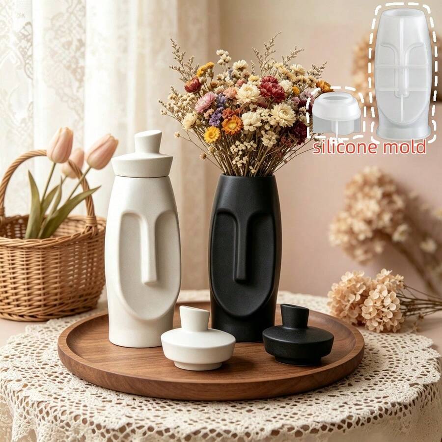 2pcs Geometric Human Face Vase Storage Jar Silicone Mold, Abstract Human Face Storage Bottle Vase Resin Plaster Decor Drip Glue Mold, Perfect For Home Decor Ornament Making, Outdoor Garden Flower Vase Making, Suitable For Handmade Crafts - Human Face Vase Mold - View 1