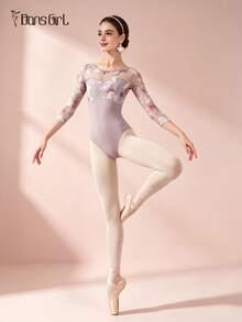 DonsGirl 1pc Women's 3/4 Sleeve Floral Mesh Patchwork Ballet Leotard, Boat Neck Deep V Back Slim Fit Jumpsuit, Suitable For Ballet Class, Rhythmic Gymnastics And Stage Performance - 淺灰紫 - 查看 10