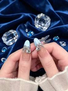 10pcs Handmade Long Almond Shape Press-On Nail Set, Transparent Gradient Light Blue Cat Eye Style, Rhinestone Decorated, Reusable Removable Adhesive Fake Nail Tips, Includes Nail Tools, Suitable For Wedding, Date, Party - Dusty Blue - View 4