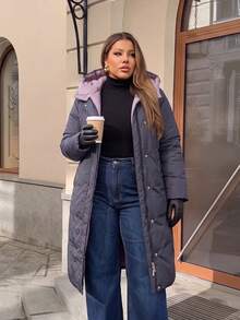 Astrid Plus Size Winter Coat Solid Color Long Sleeve Minimalist Fashion Casual Everyday - Dark Grey - View 5
