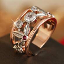 Two-Tone Hollow Wide Band Ring, Hollow Leaf And Flower Design, Inlaid With Round Red Synthetic Zirconia, Date, Valentine's Day Gift - Rose Gold - View 6