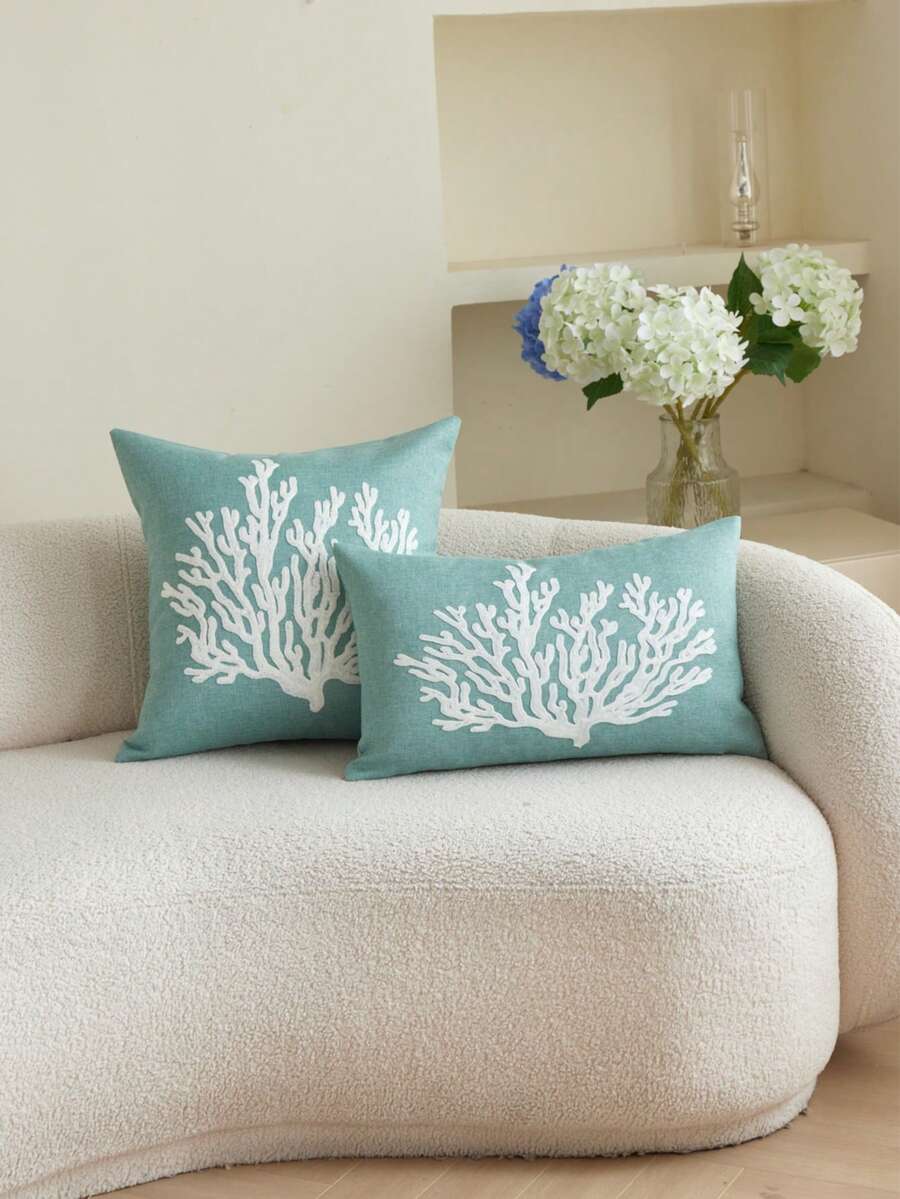 LCUHPCL 1pc Tropical Ocean Style 3D Embroidered Coral Pillow Case, Home Decor For Living Room, Bedroom, Party, Outdoor Patio And More