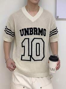 Spring/Summer New Men's College Style V-Neck Digital Embroidery White Knit Pullover Short Sleeve - White - View 1