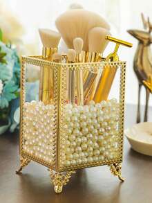 1 Makeup Brush Holder With Lid, For Storing Makeup Brushes And Eyebrow Pencils, Transparent Glass Material, Decorated With Pearls. Perfect For Organizing A Woman's Desk, This Storage Box Is An Ideal New Year's Gift For Women - Gold - View 2