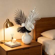 Modern Minimalist Artificial Flower Arrangement, Black Palm Silver Leaf Fake Anthurium White Rose Hydrangea Simulation Florals(Vase Not Included) - Black - View 4