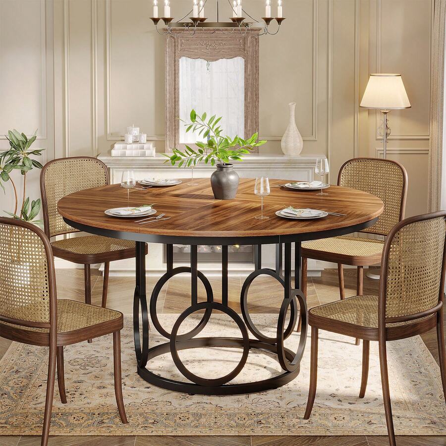 LITTLE TREE 47-Inch Round Dining Table, Wood Kitchen Table With Sturdy Metal Base For 4-6 People, Large Circle Dinner Table For Dining Room, Kitchen, Living Room (Brown & Black, Only Desk) - Brown & Black - View 1