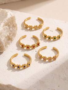 1 Pc 304 Stainless Steel 18K Gold Plated Dainty Adjustable Open Ring With Five Small Flowers Inlaid With MultiColor Rhinestones/Waterproof And Fade-R - Ring - View 3