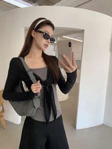 Kaos Lengan Panjang Wanita Baru Musim Semi, Abu-abu, Bahu Kotak, Desain Seksi, 2 in 1, Atasan Slim Fit - Warna gambar - View 6
