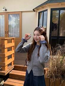 Cardigan Rajut Manis & Imut dengan Kerah dan Manset Berenda - Grey - View 5