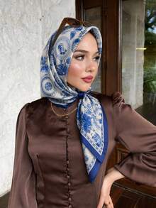 1PC Women's 2026 Spring/Summer Fashion Palace Luxurious Geometric Satin Print Bandana, Daily Versatile - Blue and White - View 4
